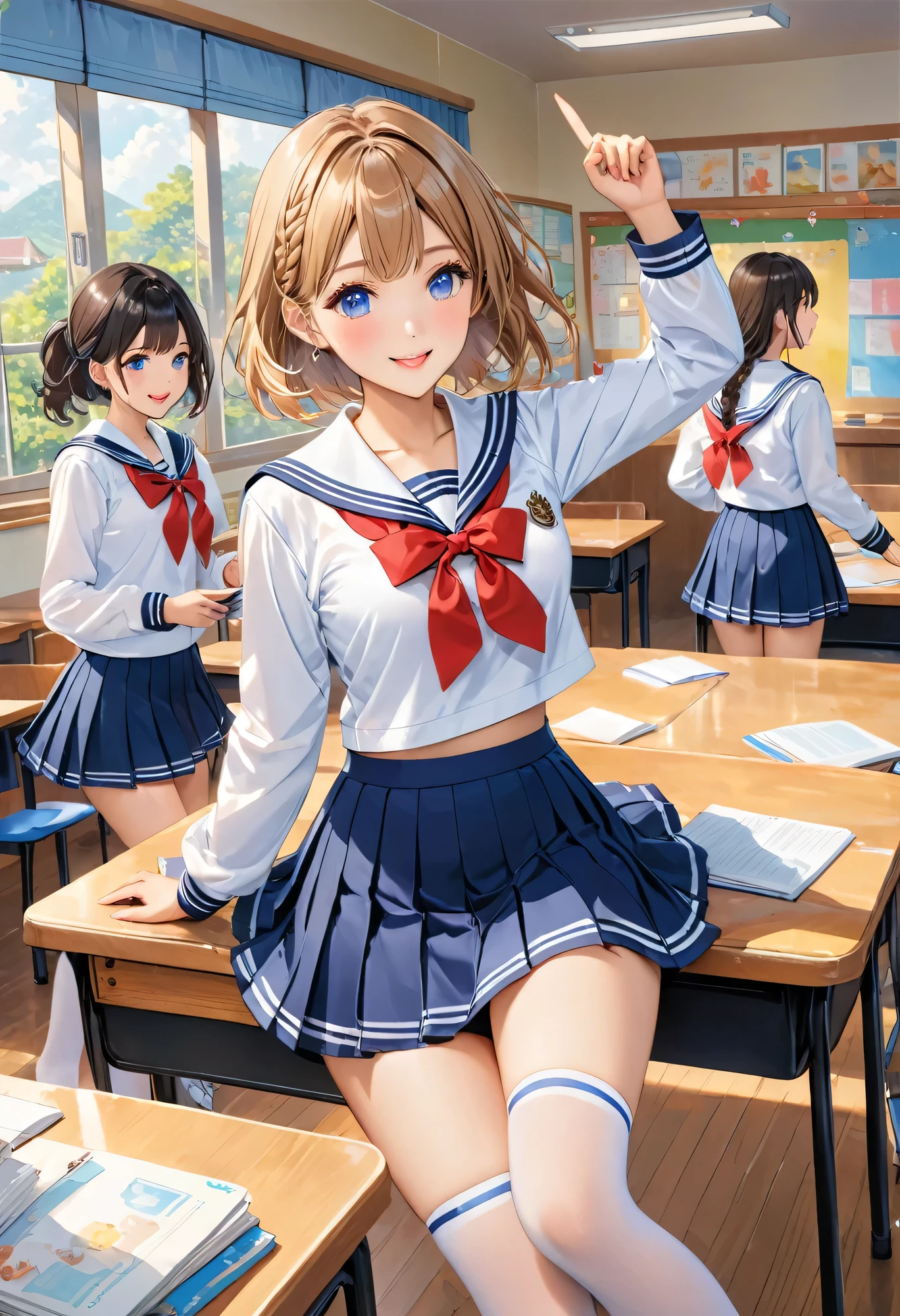 (masterpiece, highest quality, High resolution, 超High resolution, Perfect Pixel, Written boundary depth, 8k, About RTTX10.0), (One Woman:1.3), Cinema Lighting, Best Shadow, The best natural light, Cinematic, ((Smooth texture:0.75, Realistic texture:0.5, Anime CG Style)), Beautiful Anime Women, Beautiful art style, Anime characters, (Two women jumping cutely with their legs together:1.4), ((Detailed face:1.2)), (Brown Hair, Side Ponytail), Beautiful ???????, Slender body,Beautiful thighs, (Brown cardigan, White shirt, Checked skirt, Navy blue socks, Red ribbon at collar:1.2), (Her skirt flipped up from the force of her jump:1.3), (A perfect skirt of uniform length:1.4), (White side-tie satin lace panties:1.3), (smile), (School classroom, In front of the blackboard, Graduation Commemoration, Many people in the background々:1.3), Manga Design, Exact number of legs, Perfect ???????