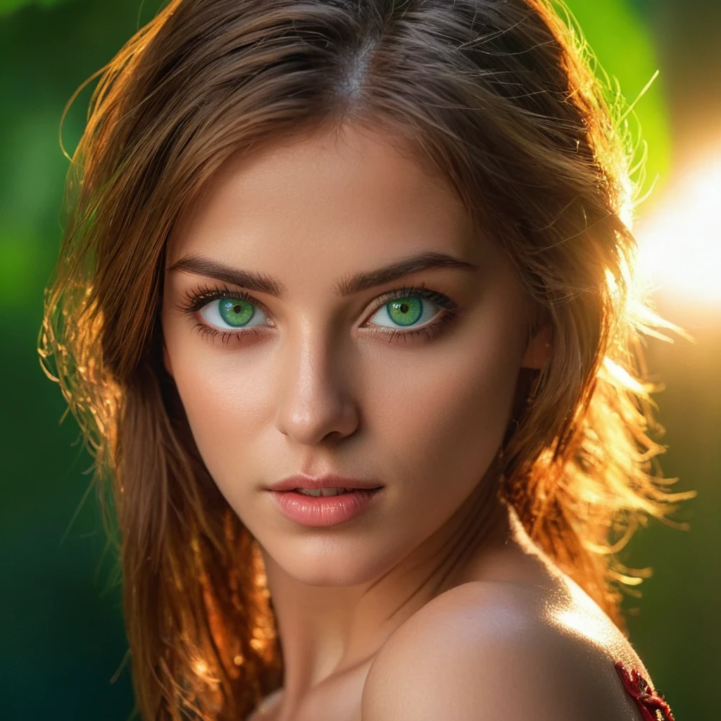 Best Quality, Masterpiece, Ultra High Resolution, (Realisticity: 1.4), Original Photo, 1Girl, Green Eyes, Off-the-Shoulders, Cinematic Lighting