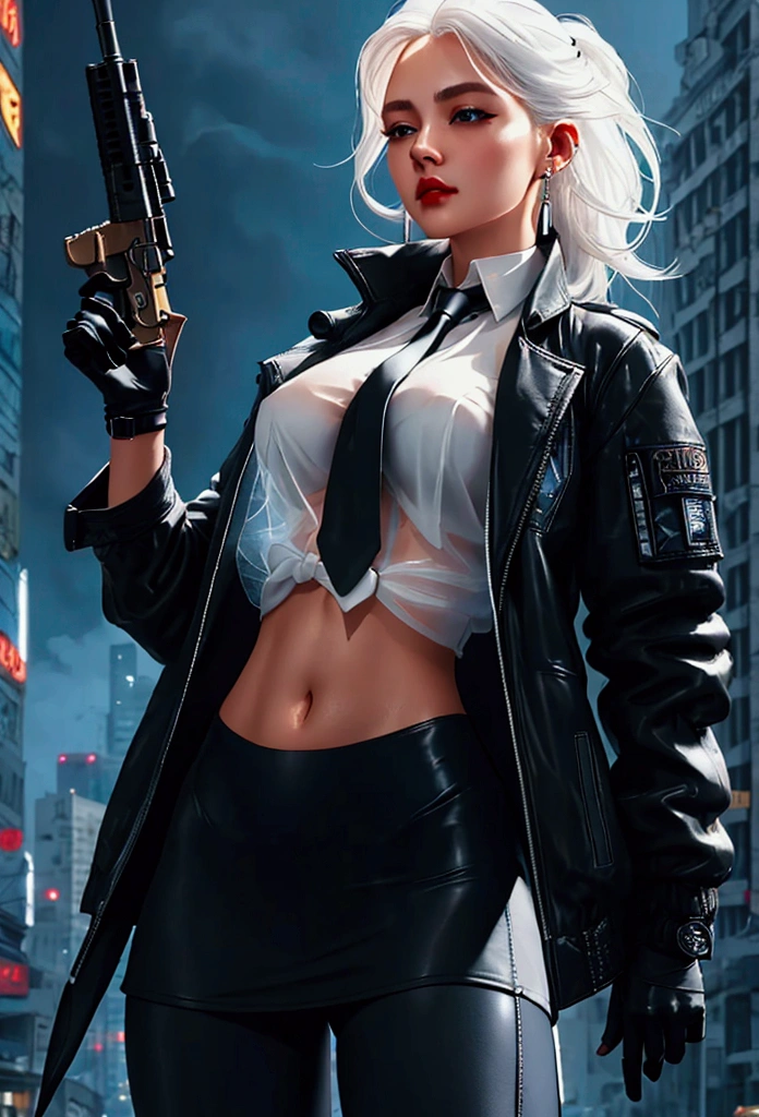 1 woman, Close up shot, (White hair medium hair, big breasts, bright brown eyes), Perfect anatomy, city, Cyberpunk style((white shirt, black jacket, black skirt, navel, , Black Gloves and Tie, watch, earring, See through black leggings)), ((holding a gun)), War, ruined city, Battlefield, fragment, building,cigarette