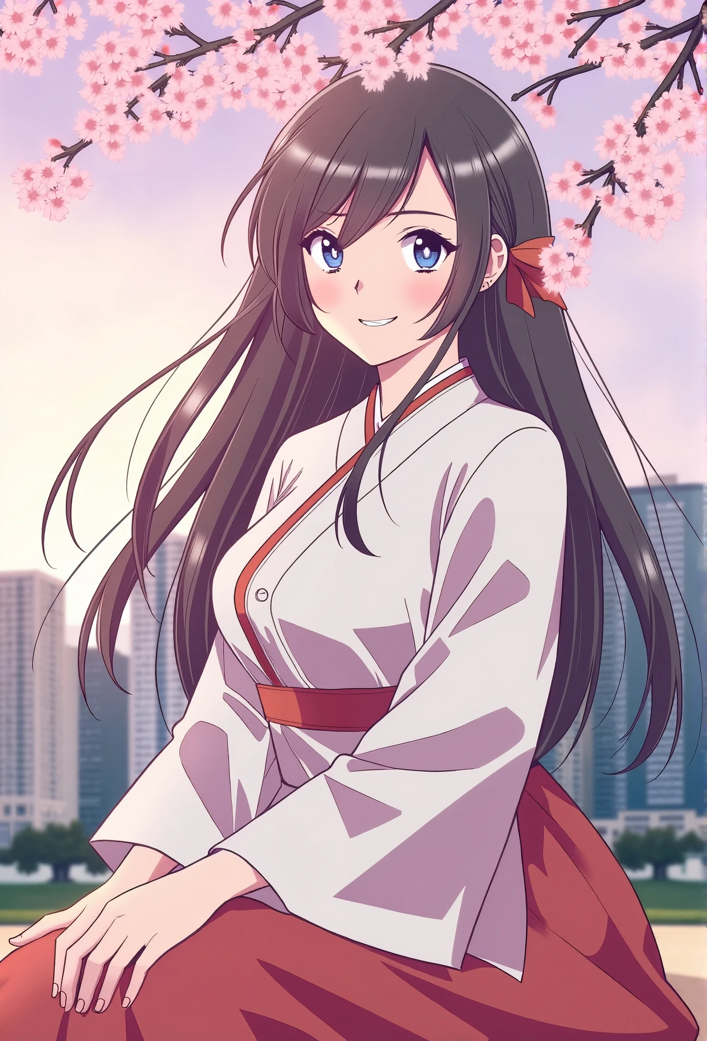 Manhwastyle of a woman with long, flowing hair, wearing a traditional hanbok, smiling serenely under cherry blossoms in a city park at dawn.