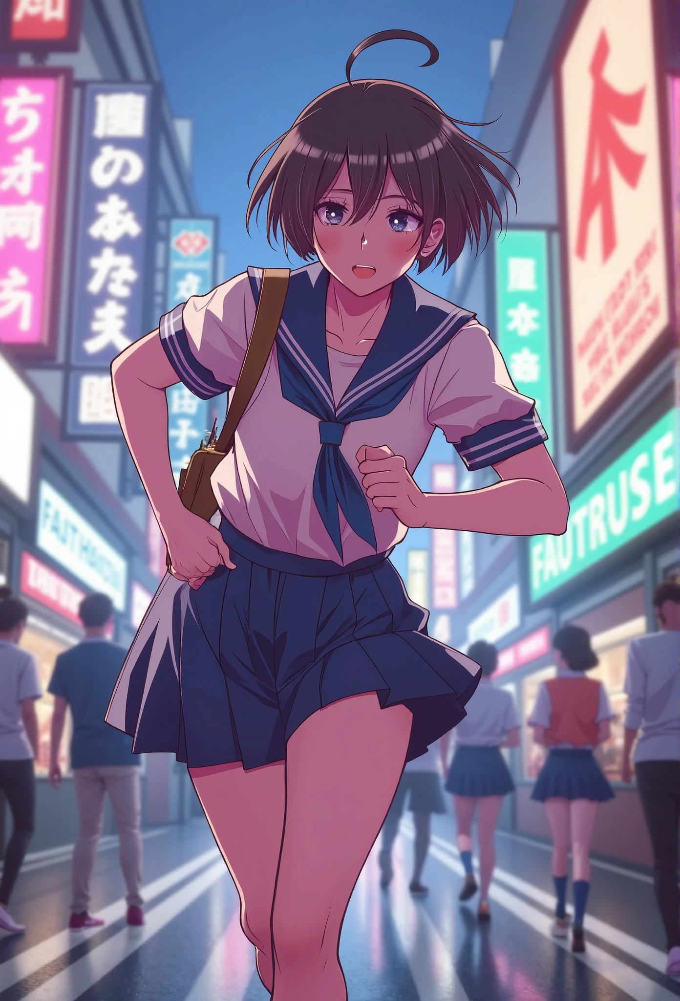 Manhwastyle of a woman with short, messy hair, dressed in a school uniform, running with determination down a bustling neon-lit street.