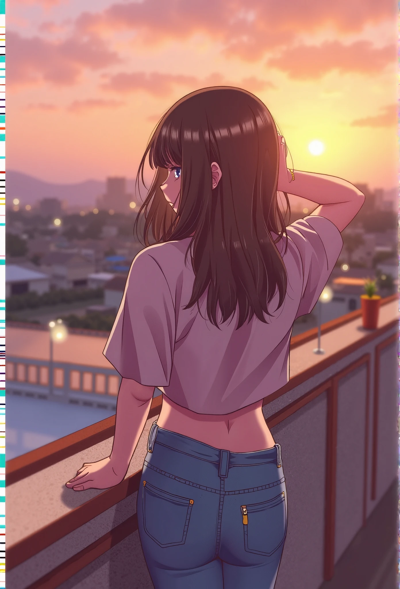 Manhwastyle of a woman with wavy brown hair, in a casual crop top and jeans, gazing thoughtfully at the sunset from a rooftop.