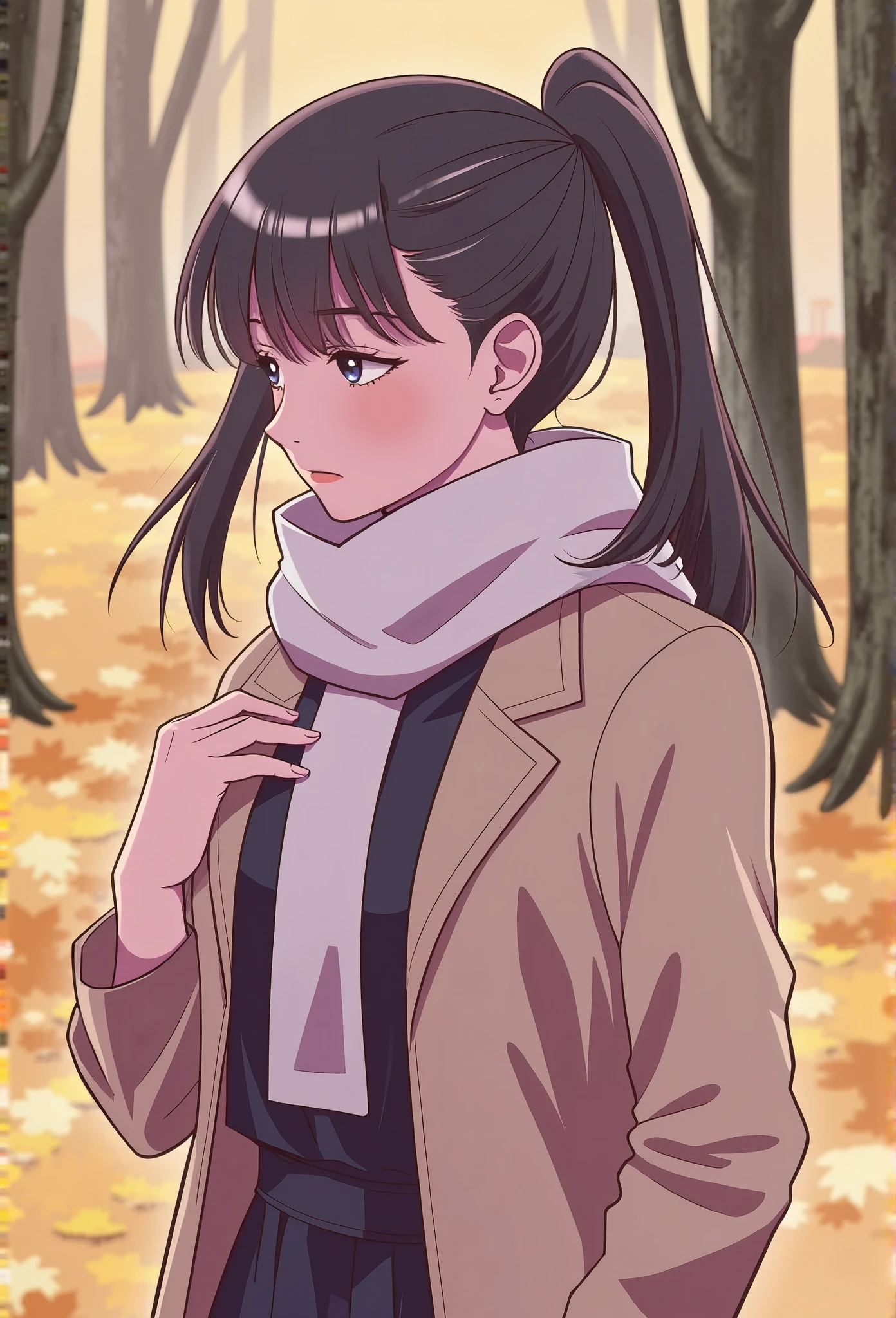 Manhwastyle of a woman with a sleek ponytail, dressed in a stylish coat and scarf, looking pensive while walking through an autumn forest.