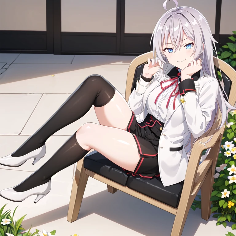 (((((full body shot)))))),(masterpiece:1.2), Best Quality,((((High resolution)))), unity 8k wallpaper, (shape:0.8), ((((Highly detailed face)))), Perfect lighting, (((Extremely detailed CG))),(((1girl))), Ahoge, bangs, Black legwear, blue eyes, Eyebrows visible through hair, Hair between the eyes,  Headrest,White jacket, Long Hair, Long sleeve, Neck ribbon, Long Hair, shirt, Silver Hair, skirt, (((garden))),((smug face)), Alone,zettai ryouiki,((((Black knee-high socks)))),(((((Sit in a nice chair))))),(((White pumps))),(High heels),(((Crossing your legs))),((Big Breasts)),(((from right in front of face and body)))