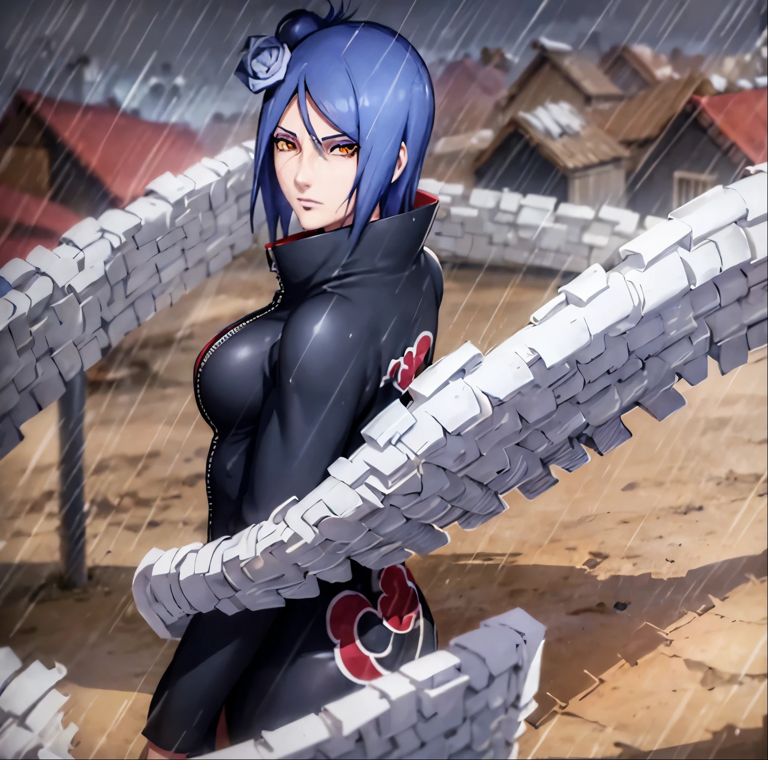 ((1girl)),((alone)),konan, \(Naruto\),(masterpiece), (best quality), (ultra detailed), (best illustration), (best shadow), (absurdities), focus sharp, cowboy shot, atmospheric perspective, depth of field, dynamic posture, ((looking at viewer)), medium breasts, narrow waist, wide hips, medium thighs, round butt, erotic, romantic, (very detailed, lips 1.1), highly detailed eyes, eyes, Highly detailed face, Very beautiful face, Symmetrical face, Aesthetic face, perfect face, perfect eyes, detailed eyelashes: 1.5), full height, beautiful slim figure, femininity, expressive appearance, elastic medium breasts, sexuality, half-open lips, yellow eyes, blue hair, short hair, hair ornament, paper flower, ninja bandana, breasts medium, makeup, black painted nails, ring, zipper, rain, paper, nose, open clothing, akatsuki suit, black tunic, red cloud print, paper wings, akatsuki suit, paper jutsu, labret piercing, curves , defined body, Perfect and beautiful body, perfect and beautiful, calm look, closed mouth, ((stoic expression)), blushing, (sexy pose: 1.2), ((solo)), standing: 1.3,((on top of a building:1.3,outside, industrial landscape, individual buildings, cloudy landscape, rain, rainy weather, wet ground, streets,)), Looking back, from behind, ((focus on butt:1.4)), point of view:(from below), perfect anatomy, perfect hands