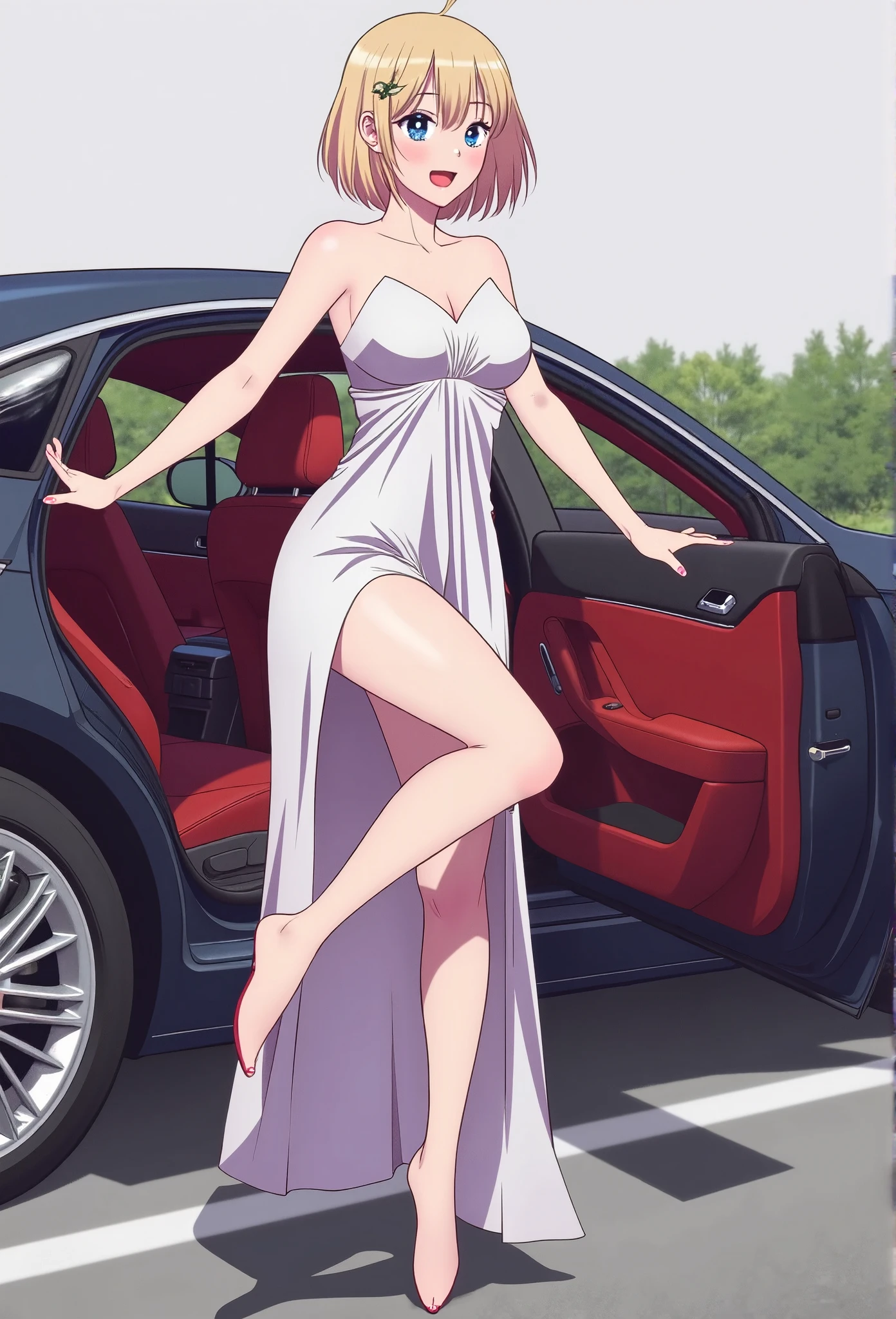 Manhwastyle of a woman with platinum blonde hair, in an elegant gown, smirking confidently as she steps out of a luxury car.