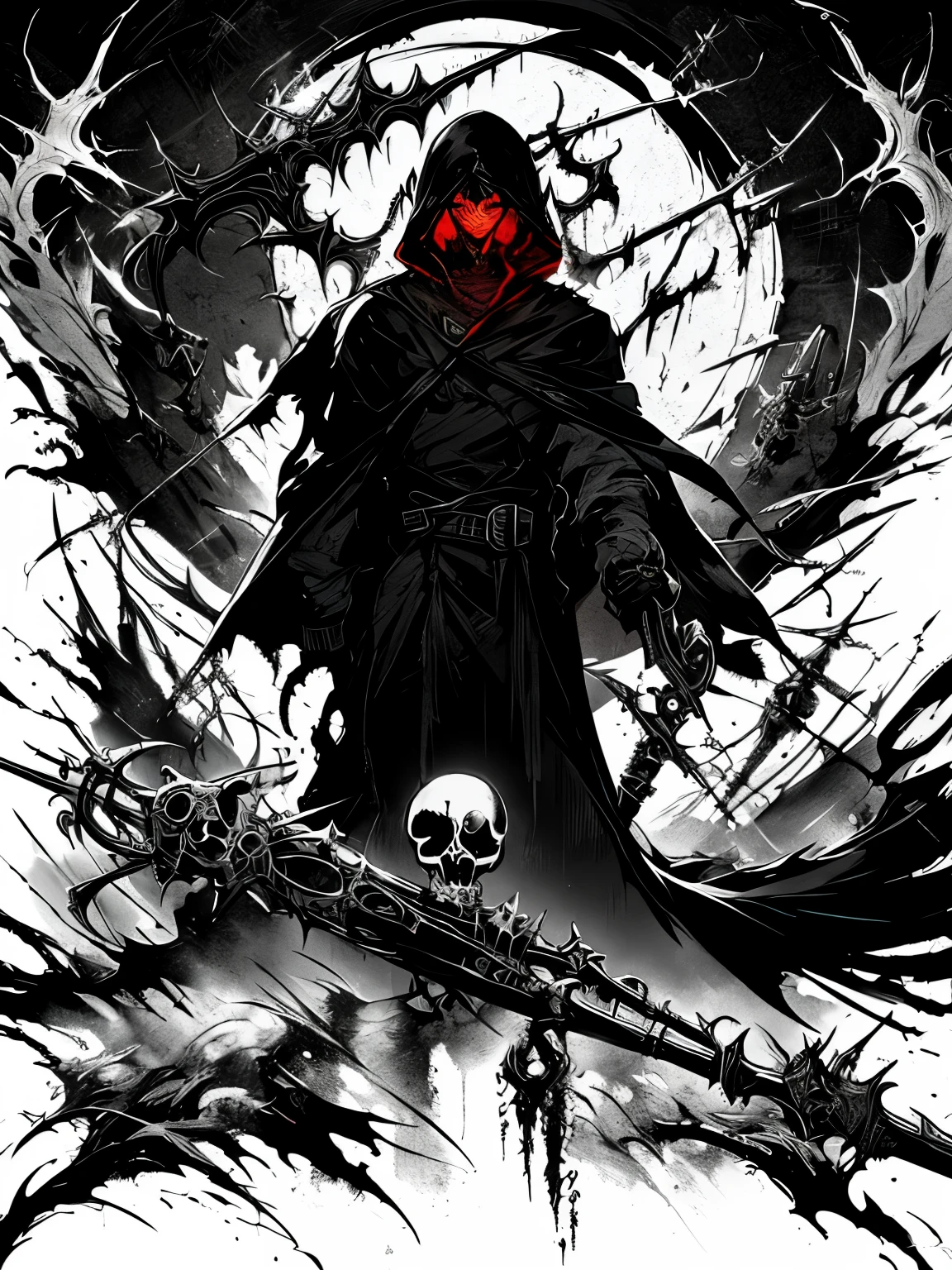 Cyberpunk style grim Reaper, Black and white graffiti illustration red blood spattered, Have a scythe , Glowing Eyes,