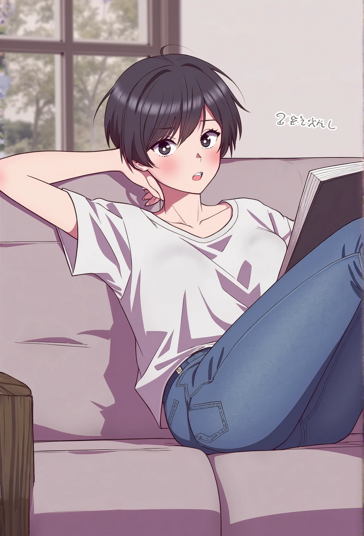 Manhwastyle of a woman with a pixie cut, wearing a casual t-shirt and jeans, lounging on a couch with a book, her expression calm and thoughtful.