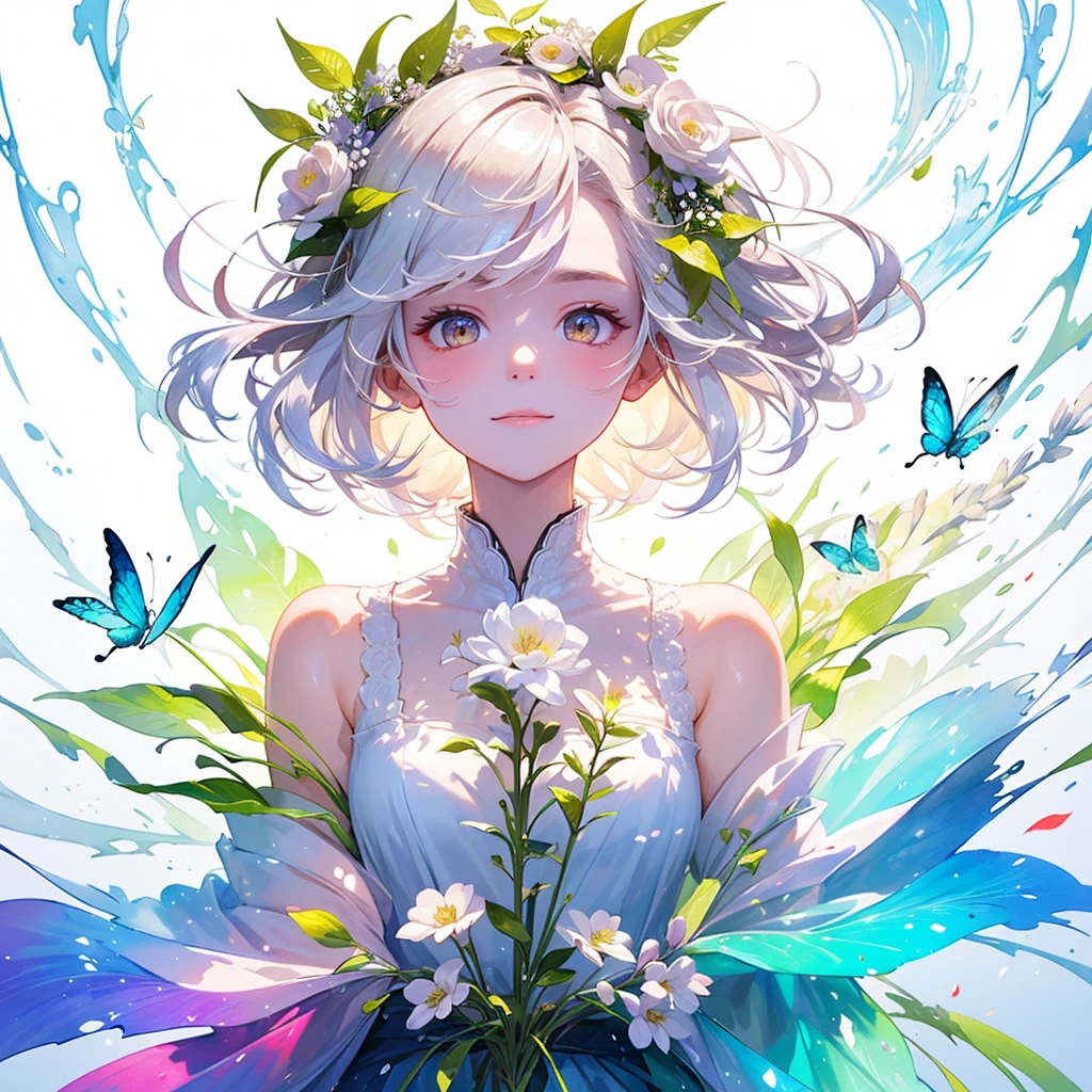(masterpiece、highest quality、highest quality、Beautiful and beautiful:1.2)、(Good anatomy:1.5)、Painting of a girl with milky white hair、Transparent butterfly costume、Adorable smile、looking at the camera、put flowers and leaves on your head、digitalis