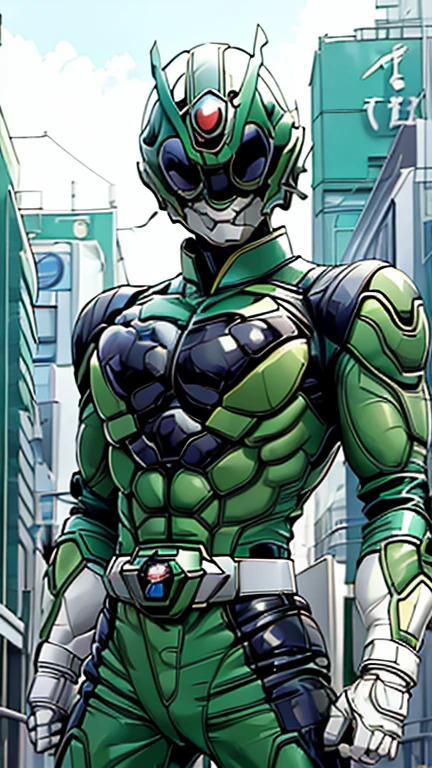 (8k),(masterpiece),(Japanese),(8--old ),((innocent look)),((Childish)),From the front,smile,cute,Innocent,Kind eyes,Flat chest,green helmet,green domino mask, white mask, shrex, bald,no Hair,cyberpunk Tokyo City,Kamen rider,