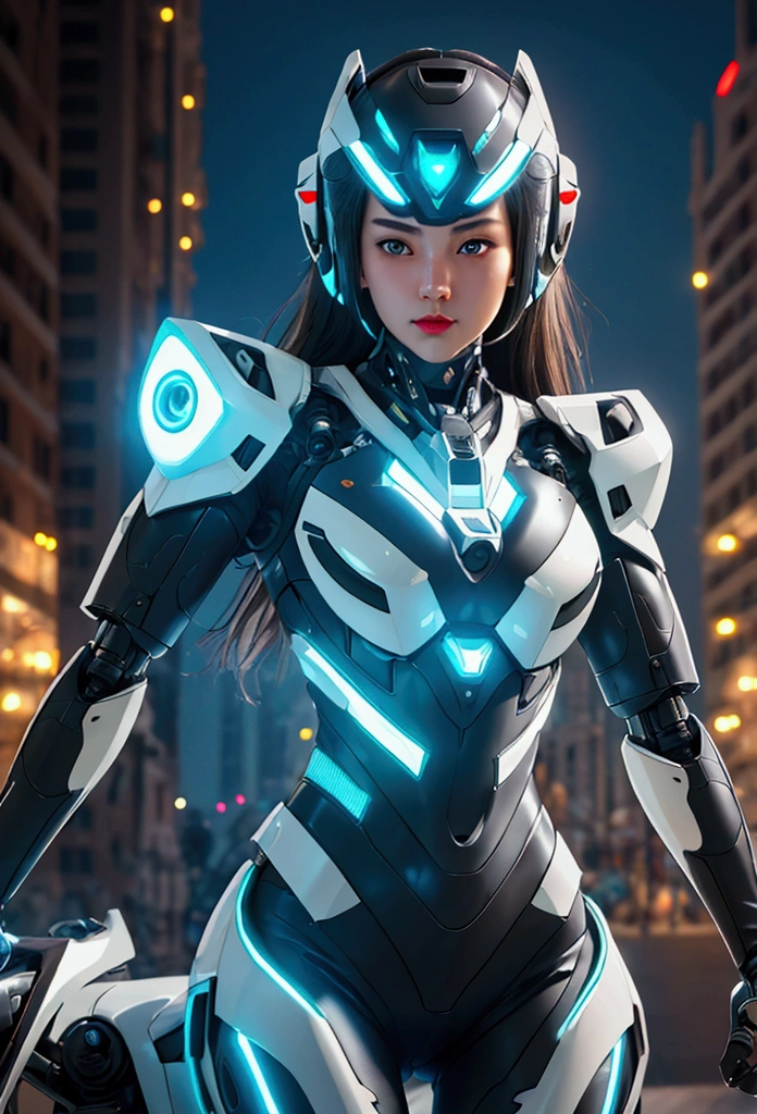 Best image quality, Excellent details, Ultra high resolution, (fidelity: 1.4), Best picture, Request Details, Highly concentrated 1girl, With a delicate and beautiful face, Wearing a black and white mecha, Wearing a mecha helmet, Hold the direction controller, Riding a motorcycle, The background is a high-tech lighting scene of a futuristic city..