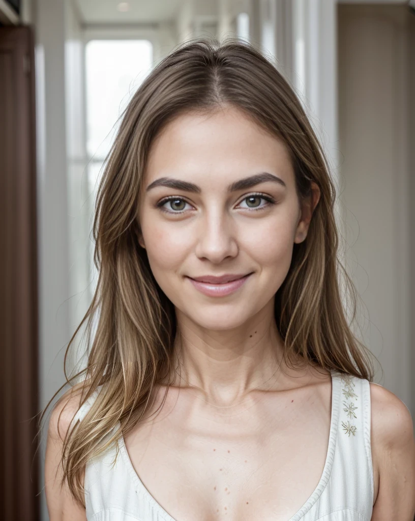 masterpiece, best quality,facing viewer, upper body,middle age female,Greek goddess's demeanor, melon seed face, ((slender eyes)), mole under eye,brown eyeballs, thin lips, blonde hair, very long hair, closed mouth and smile,40 year old, self-portrait, Simple background,white dress,