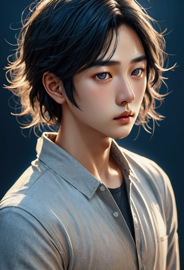 1st son, Black hair, short hair, Gray eyesDetailed eyes,Alone focus, Simple background, Male-centered, Alone, standing, Sung Jin-woo, portrait,, (masterpiece:1.0), (Top quality:1.0), (8k wallpaper:1.0), (Beautiful and detailed face:1.0), (detailed deep eyes),  deep eyes,Looking at the viewer,