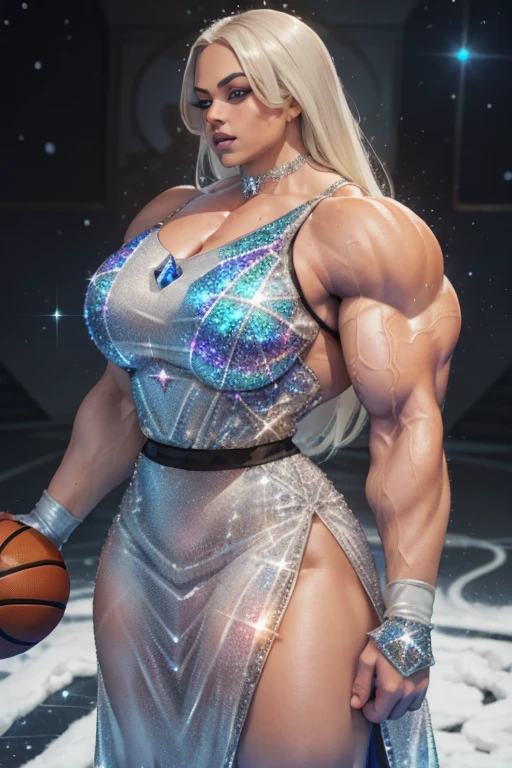 ((Close-up)), tall, (White hair) beautiful muscular woman, long straight hair, brown skinned, closed smile, (black lipstick), (massive muscles), (hyper muscle), ((ginormous bulky muscles)), blue eyes, ((((long sparkly white Crystalline basketball jersey Dress adorned with snow designs)))), (Crystalline fingerless gloves), choker, (Crystalline gauntlets) high heels, ((surrounded by ice)), (on top a mystical city) 