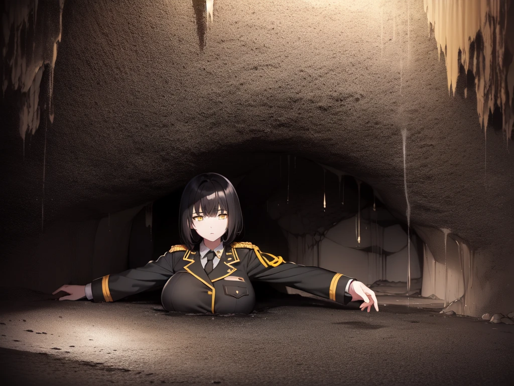 1girl, solo, huge breasts, (black short hair:1.5), (yellow eyes:1.5), (white military uniform:1.9), (epaulletes:1.5), necktie, partially submerged, in mud, flooding up to the chest, upper body, raised eyebrows, d:, (cave:1.9), (cavern:1.9), (dark:1.9), (old mine:1.9), 4k, hd, 