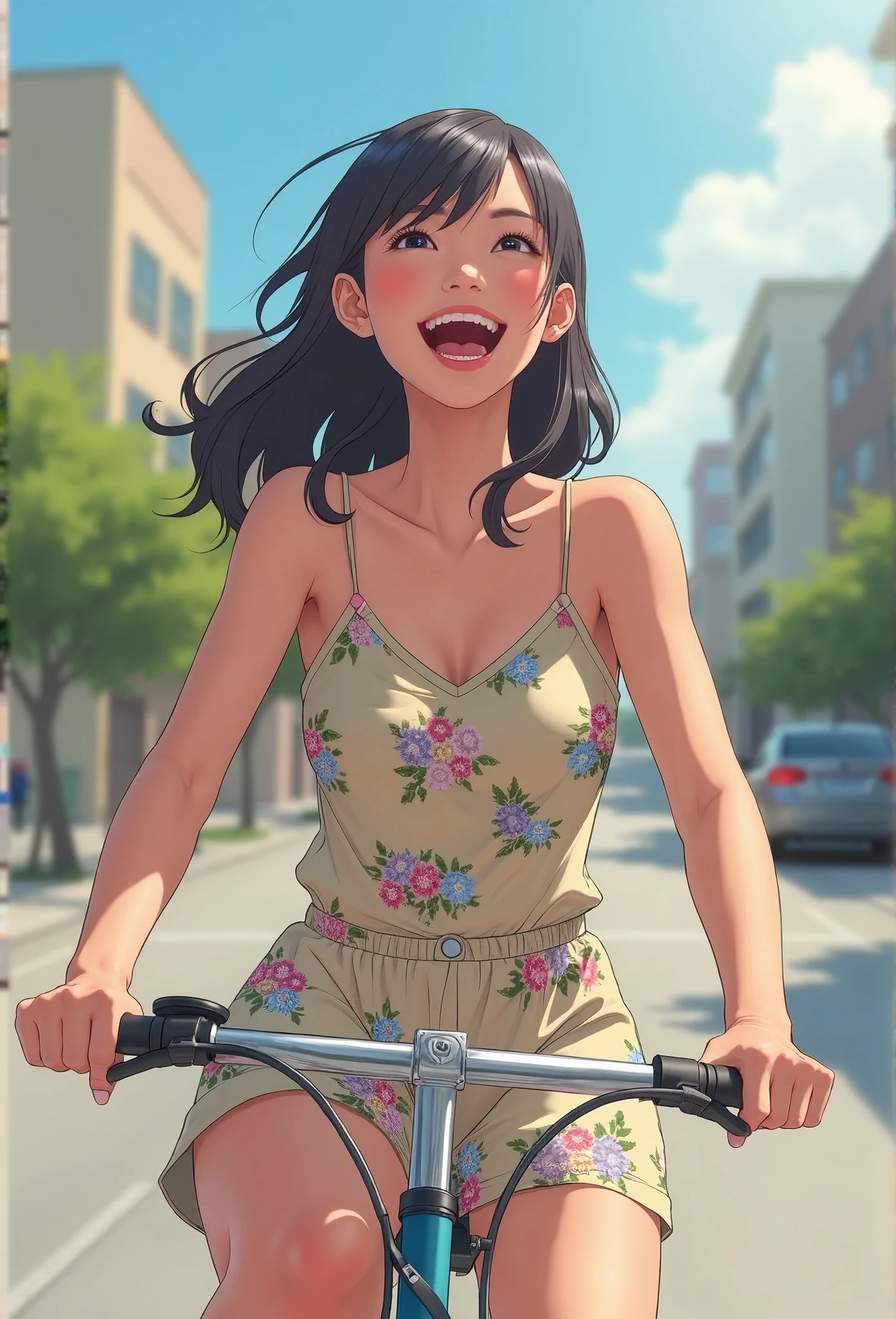 Manhwastyle of a woman in a sleeveless floral romper, riding a bicycle down a sunny street, her face beaming with excitement.