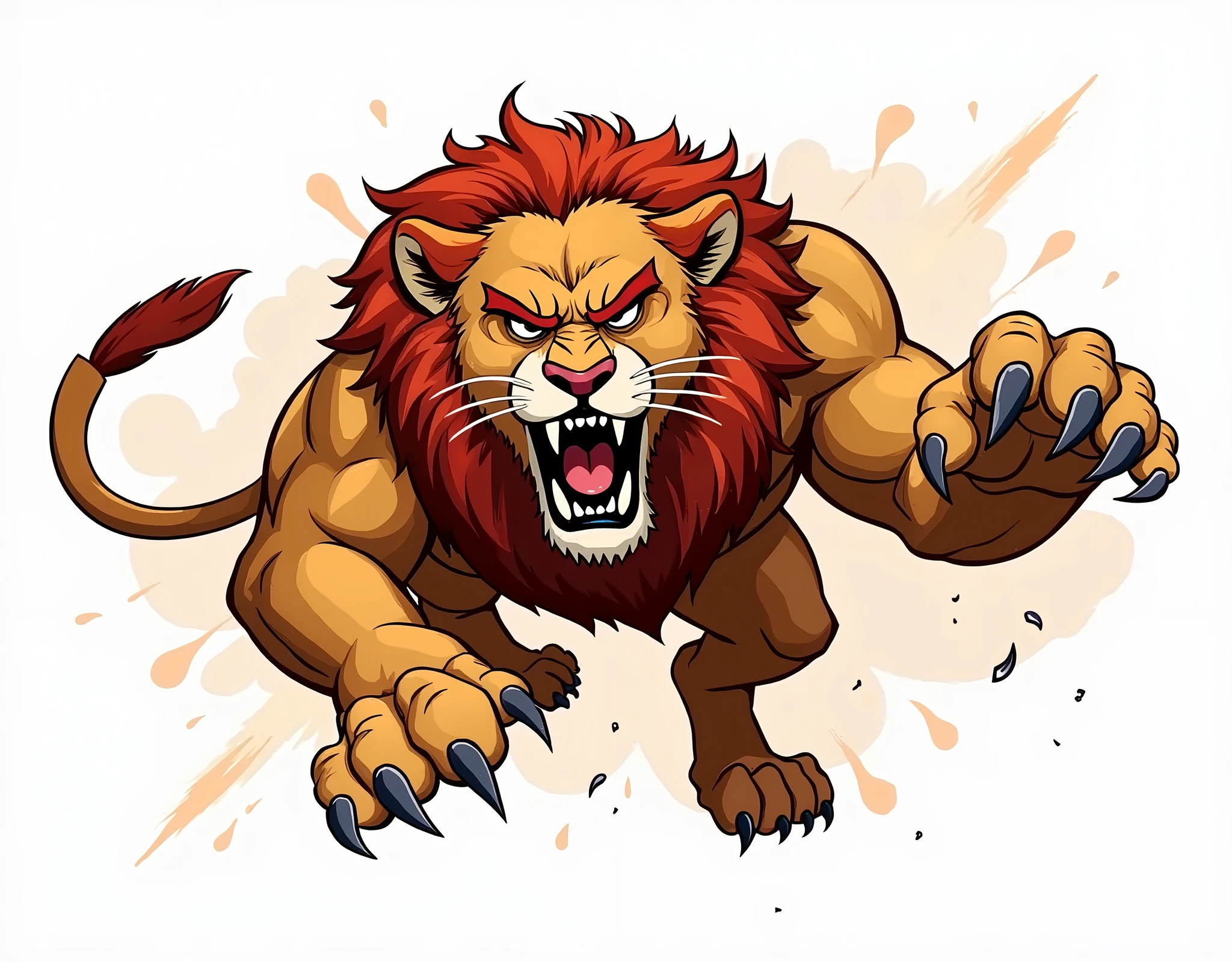A big lion with VERY VERY VERY VERY sharp claws and a mane. He represents strength with a fierce gaze and a proud bearing.,pronto para enfrentar qualquer desafio, from the side and from the front the image but I want it more with a drawing, not so realistic