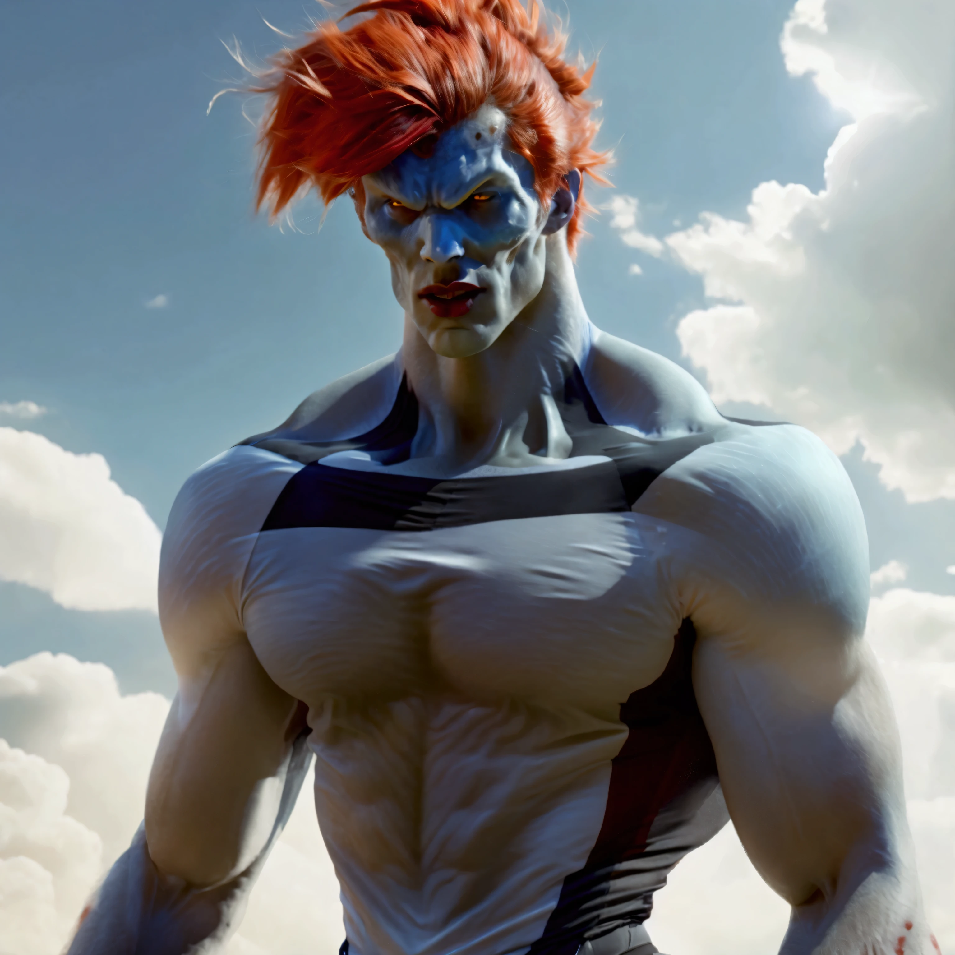 Cinematic portrait of an enormous giant blue-grey titan-zombie. his body is very slender yet very muscular, red hair, freckles, extremly handsome middle-aged face, slender muscles, he's wearing a tight fitted cycling jersey singlet with tight cycling shorts, he has a very big crotch bulge indicating that he is very well endowed, protruding crotch bulge