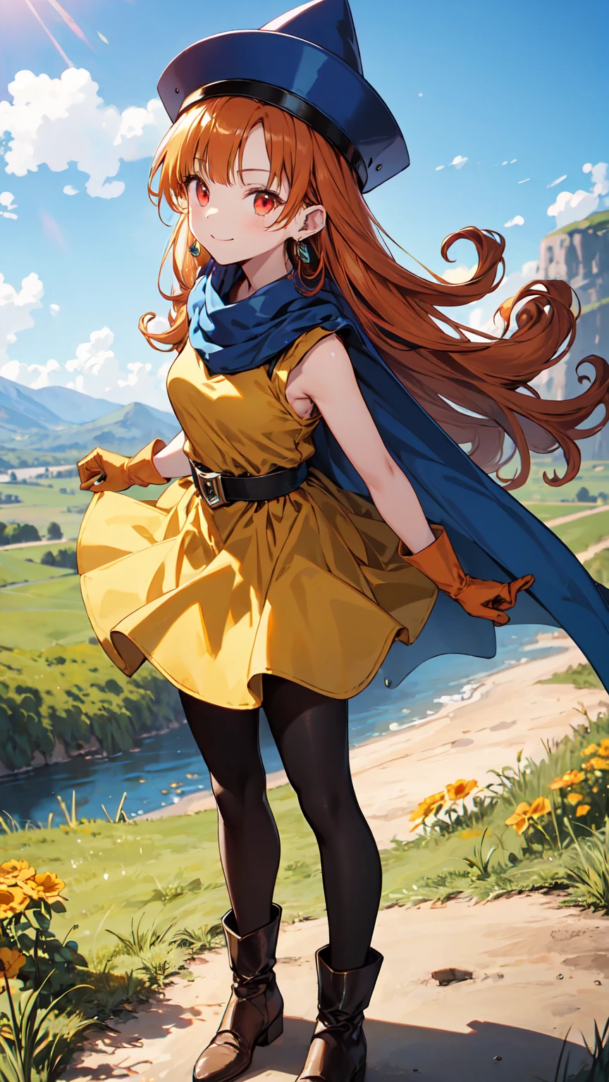 Arena - DQ4, DQ4 Arena,Black Pantyhose,Blue Cape,Blue hat,boots,Curly Hair,Earrings,Long Hair,Orange gloves,Orange Hair,Red eyes,Sleeveless,Yellow Dress,Yellow Skirt, 1 girl, Alone, Face-to-face audience, ["Gazing at the viewer, smile, random pose, grassland