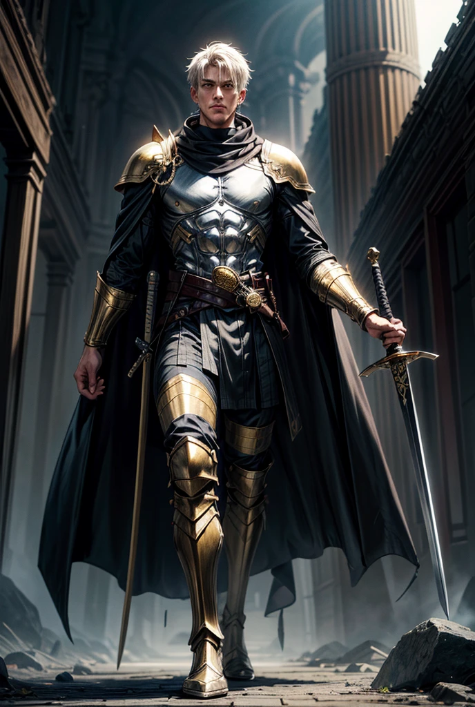(artwork,highly detailed)(high resolution)"Visionary and fierce futuristic warrior with cutting-edge technology and advanced armor, displaying his strength and determination in a post-apocalyptic world",intricate detail