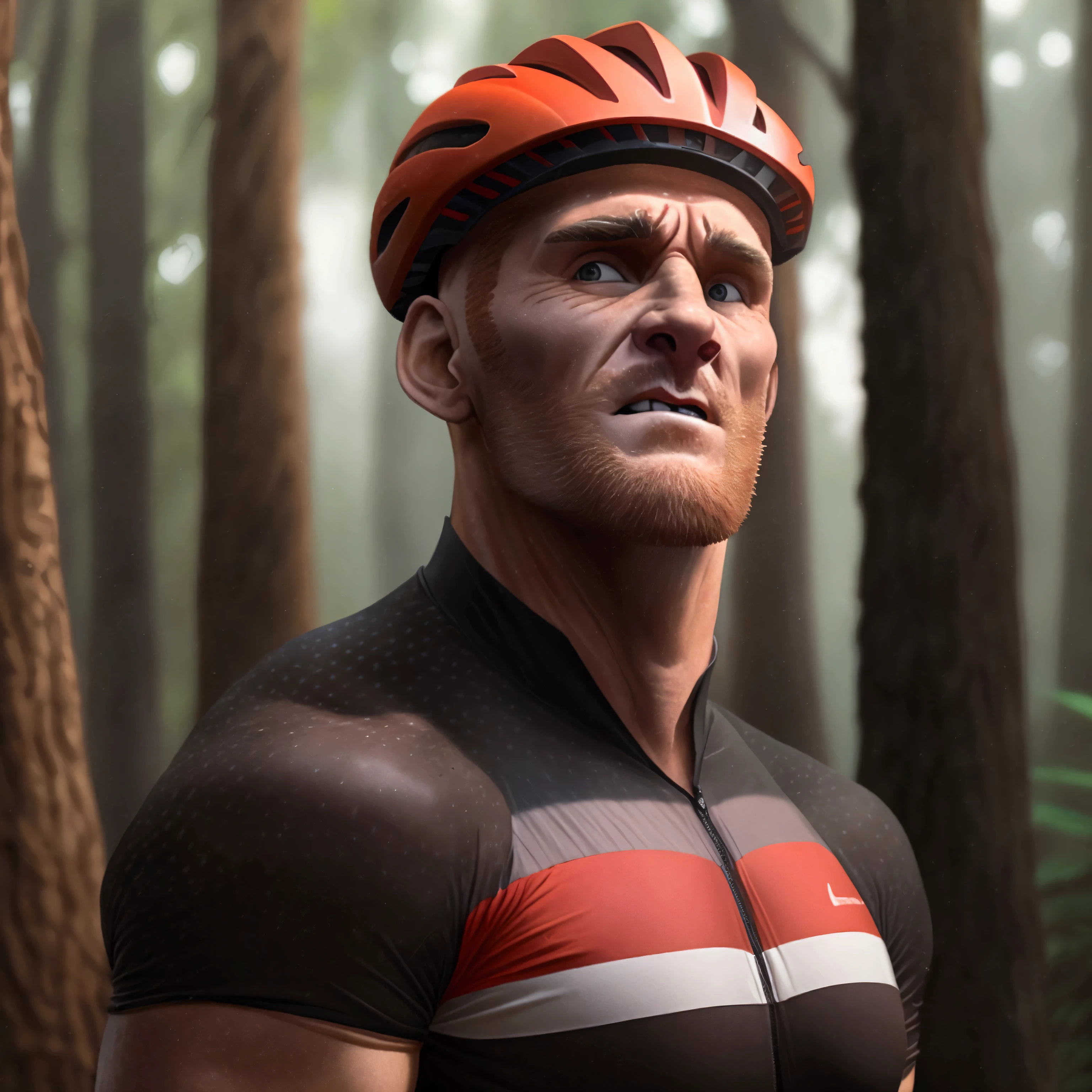 Cinematic movie-poster: Full body portrait of a giant Colm Feore standing in a a forest, red hair, freckles, extremly handsome middle-aged face, slender muscles, he's wearing a tight fitted cycling jersey singlet with tight cycling shorts, wearing a bicycle helmet, he has a very big crotch bulge indicating that he is very well endowed, protruding crotch bulge, large feet, his legs are in frame, titan, homoerotic, towering figure, enormously tall, long torso, long legs, sharp teeth, pale skin, chalk-white skin, beard, veiny arms, scaly face, scars across his torso, dark black eyes, defined muscles, zatyr-legs, , big muscles, low body-fat, small nipples, athletic build, masculine, brooding, stunning details, stunning photography, 4k quality, high resolution, high definition, cinematic, we see the entire body of the man in the photo