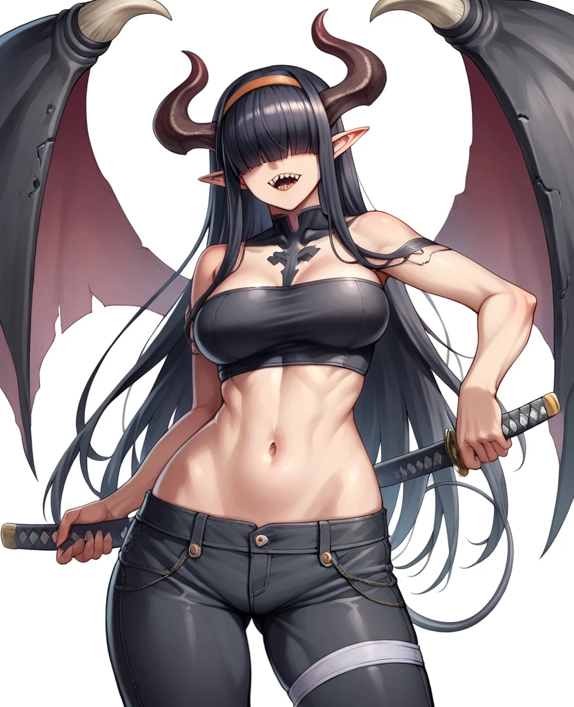 Rosto detalhado, grandes olhos, sharp teeth, hair over eyes, hairband, demon horns, demon wings, long hair, pointy ears, elf, black hair, corpo inteiro, peitos muito muito grandes, peitos gigantescos, todo o corpo, pernas, a futuristic female warrior holding a katana, (finely detailed skin), pale skin, (in a deep neckline highly detailed sexy futuristic cyberpunk black crop top and underpants made of circuit boards, japanese words with a flare effect, beautiful epic composition, futuristic, masterpiece, appealing, posing for a photo