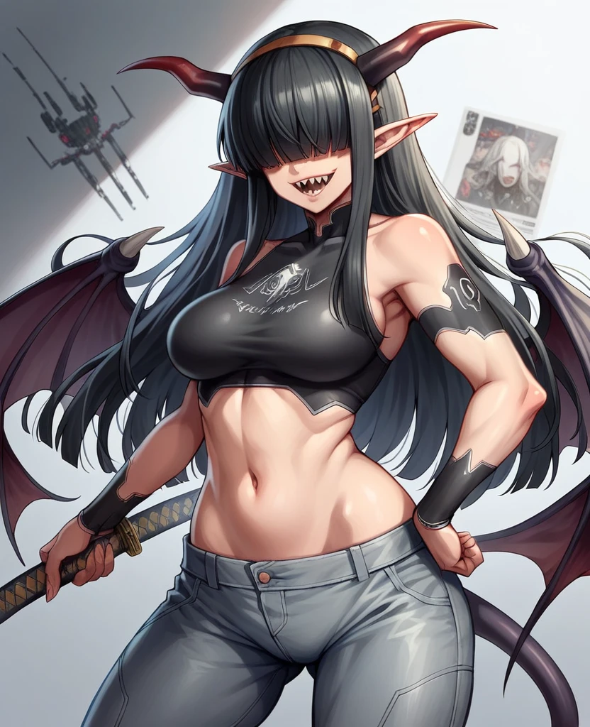 Rosto detalhado, grandes olhos, sharp teeth, hair over eyes, hairband, demon horns, demon wings, long hair, pointy ears, elf, black hair, corpo inteiro, peitos muito muito grandes, peitos gigantescos, todo o corpo, pernas, a futuristic female warrior holding a katana, (finely detailed skin), pale skin, (in a deep neckline highly detailed sexy futuristic cyberpunk black crop top and underpants made of circuit boards, japanese words with a flare effect, beautiful epic composition, futuristic, masterpiece, appealing, posing for a photo