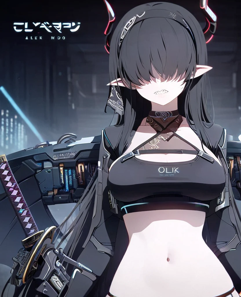 Rosto detalhado, grandes olhos, sharp teeth, hair over eyes, hairband, demon horns, demon wings, long hair, pointy ears, elf, black hair, corpo inteiro, peitos muito muito grandes, peitos gigantescos, todo o corpo, pernas, a futuristic female warrior holding a katana, (finely detailed skin), pale skin, (in a deep neckline highly detailed sexy futuristic cyberpunk black crop top and underpants made of circuit boards, japanese words with a flare effect, beautiful epic composition, futuristic, masterpiece, appealing, posing for a photo