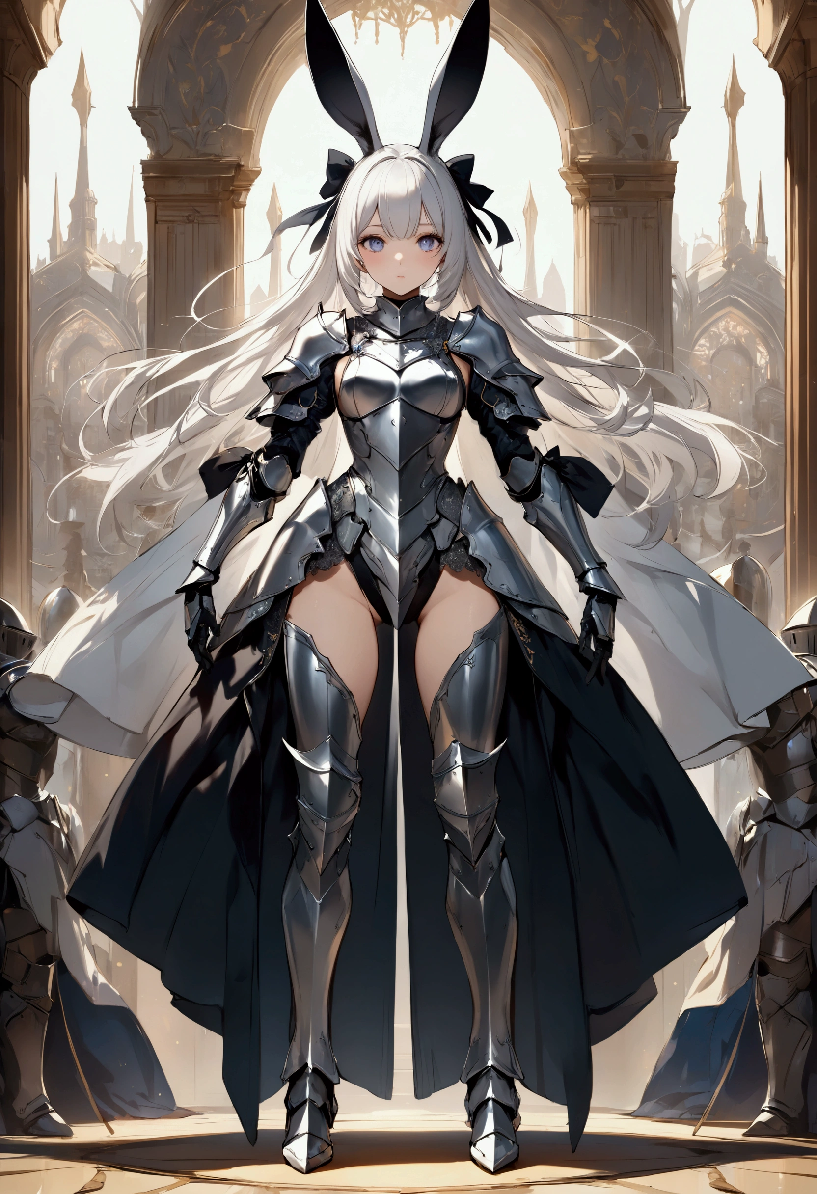 ((Best quality, 8k, Masterpiece: 1.3)), front view, concept art,Sharp focus A beautiful woman with perfect body, fullbody,standing pose,Highly detailed face and skin texture, (Detailed eyes), rabbit ears, hime cut, white hair, hair bow, ribbon, pupils sparkling, tareme, (knight wearing steel armor),
