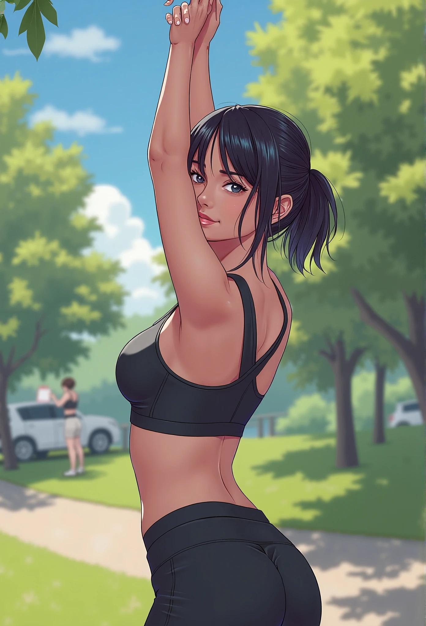 Manhwastyle, digital painting of a woman in a sports bra and leggings, stretching before a workout in a serene park.