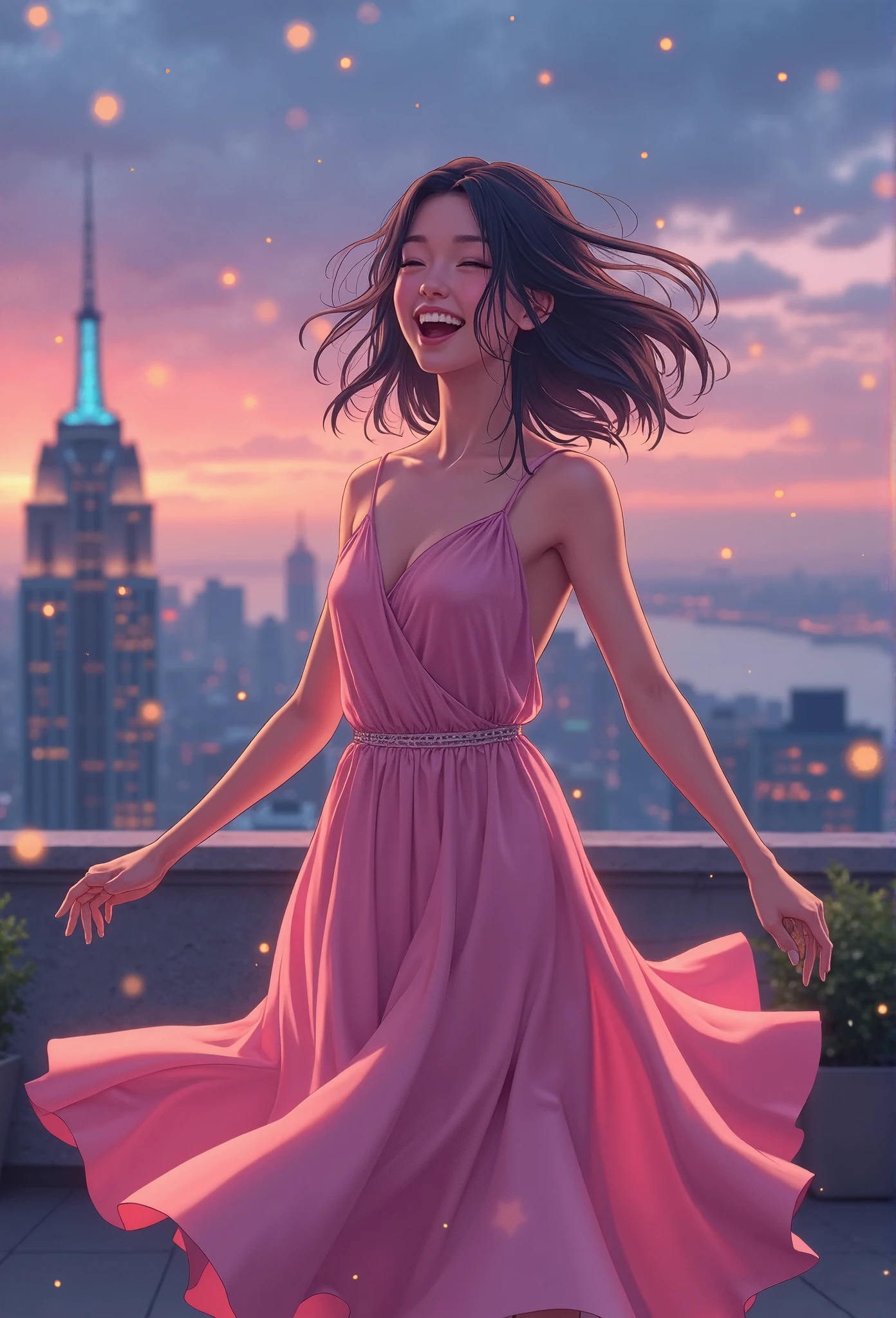 Manhwastyle digital painting of a woman in a sleeveless pink dress, twirling joyfully at a rooftop party, her laughter reflecting the city lights.