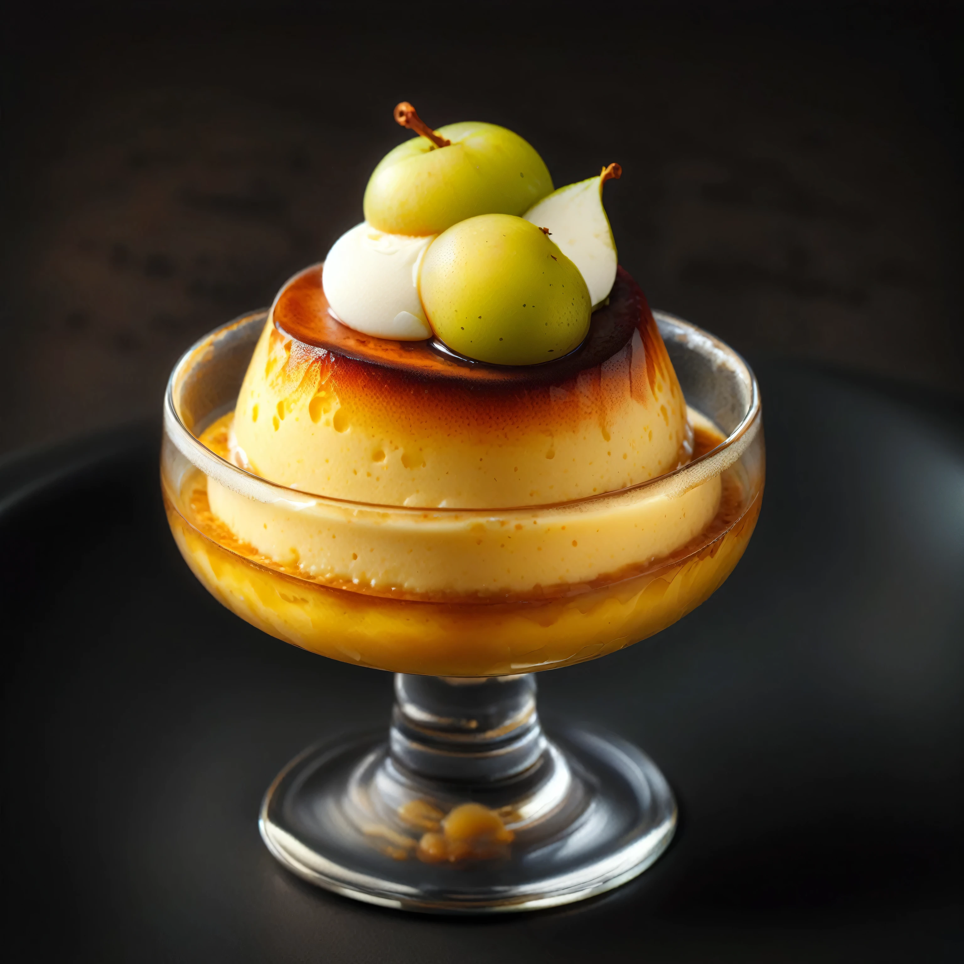 Generate an image of a classic custard pudding served in a small, round glass dessert dish with a short stem, resembling a low wine glass. The pudding has a smooth, creamy texture with a traditional domed shape, slightly rounded at the top and narrowing towards the bottom, typical of a flan or custard pudding. Its glossy, dark caramelized top contrasts with the light golden-yellow color of the pudding. On top of the pudding, there is a small dollop of light custard cream, and resting on the cream are two bright green, glossy Shine Muscat grapes. The dessert sits in a simple yet elegant setting, with soft lighting to highlight the smooth, perfect shape of the pudding.