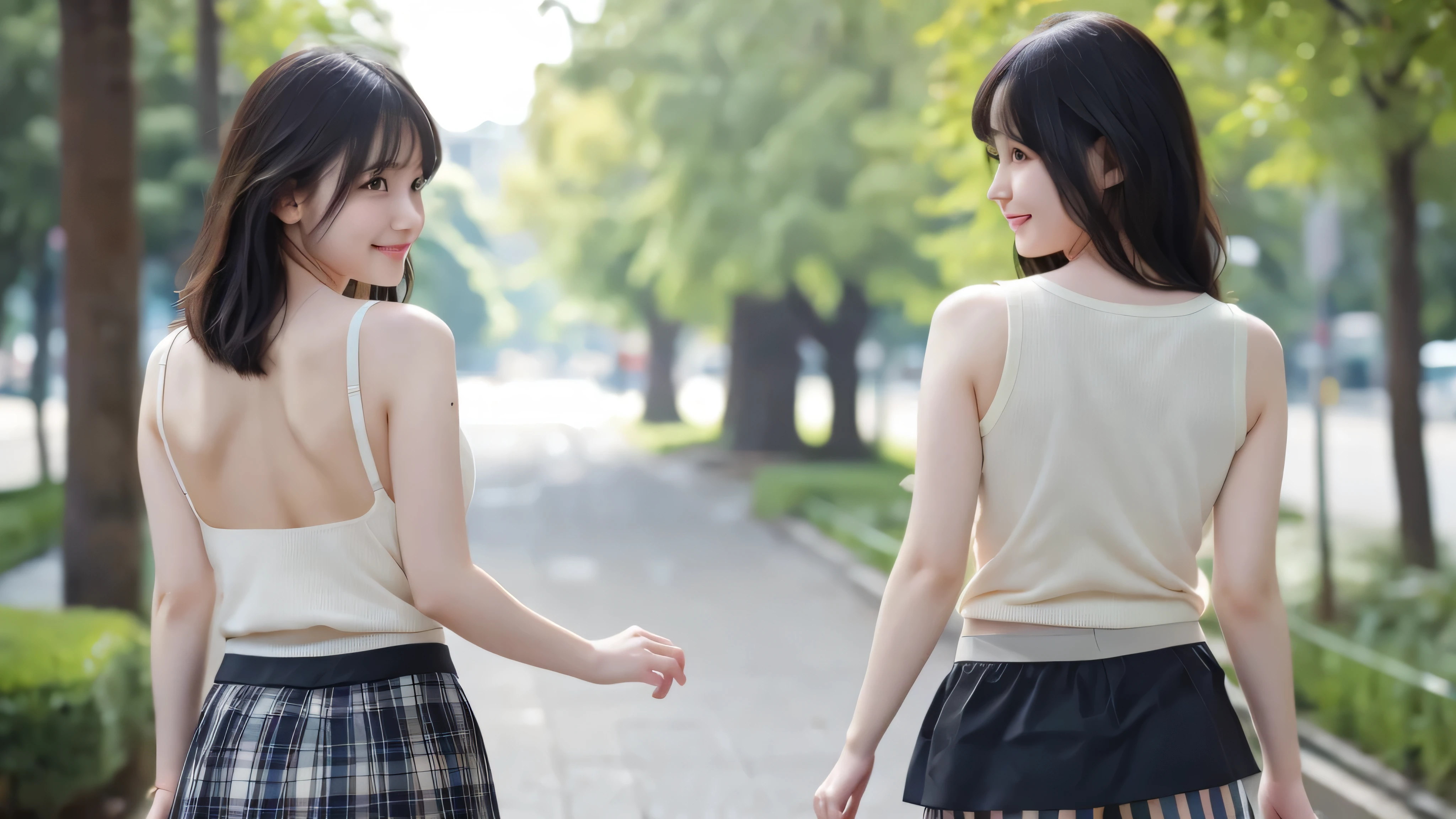 ((best quality)), ((masterpiece)), (detailed),  A short Japanese junior high school girl's legs grow significantly longer over the course of six years, and she becomes a tall high school girl with a model body.  two photo,  before after  cute girl,  in the park, real