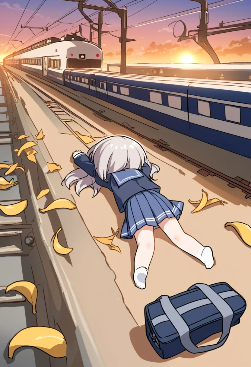 Chibi, one girl, face down, spread out, whole body, school uniform, fall down,lying down, back of head, relaxing,do you look dead? ,rear view,BREAK, station platform, missed the train girl, school bag,her feet crushed banana peel only,(A passing train), sunset,