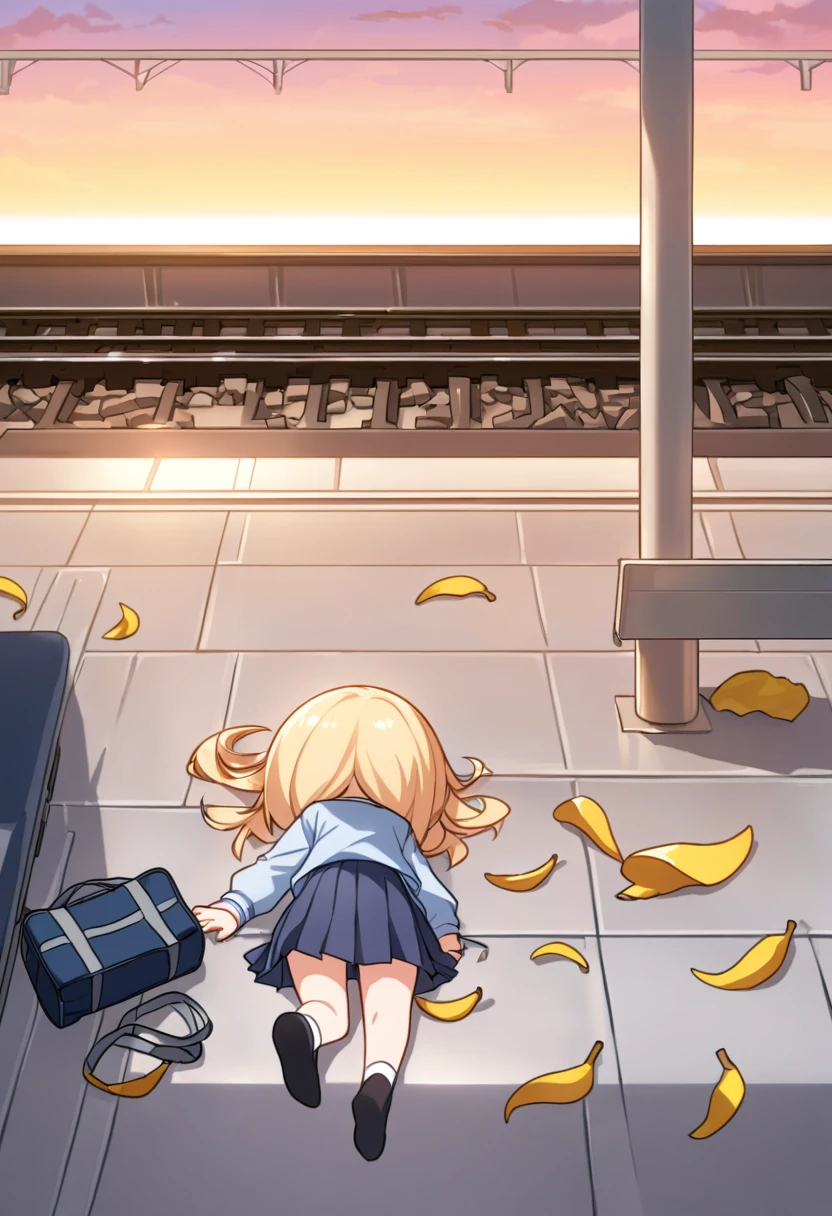 Chibi, one girl, face down, spread out, whole body, school uniform, fall down,lying down, back of head, relaxing,do you look dead? ,rear view,BREAK, station platform, missed the train girl, school bag,her feet crushed banana peel only,(A passing train), sunset,