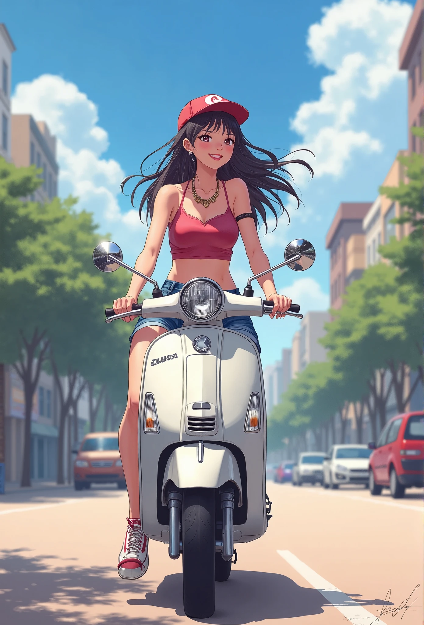 manhwastyle digital painting of a woman in a cute crop top and denim shorts, riding a scooter down a bright city street, her expression carefree and joyful.