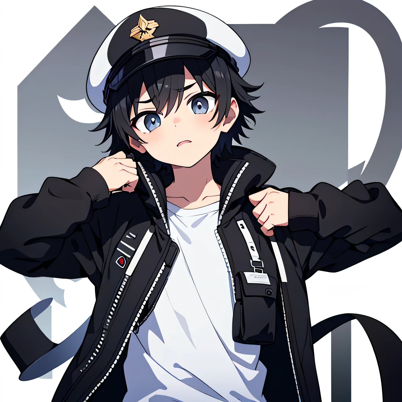 singular boy, short black hair, grey eyes, wearing barely visible white shirt no symbols, wearing black zipped up jacket no symbols, black jeans no symbols, white background, black Russian hat no symbols, high res, ultra sharp, 8k, masterpiece, looking at viewer, nervous expression