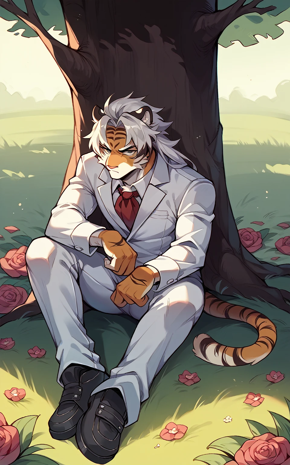 A juvenile tiger, Hairstyle (Long hair), in white suit, Serious, looking the other way, thoughtful gesture, thinker, sitting under a red tree, full body, in the middle of a field of flowers behind, bottom, necessary. 