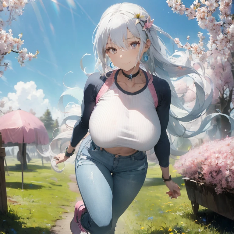 1 female, gray hair, long hair, gray eyes, huge breast, thick legs, pink crop top, blue jean, long jean, pink earrings, pink boots, blue sky, grass, flowers, happy face, cap, blushing