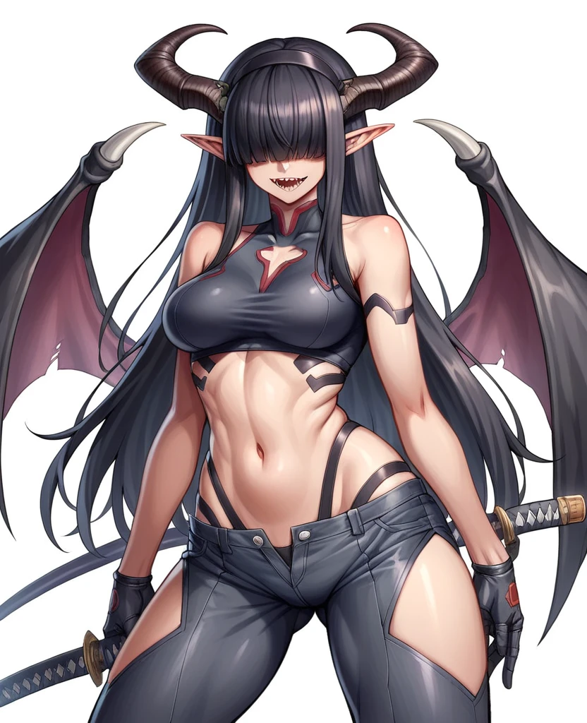 Rosto detalhado, grandes olhos, sharp teeth, hair over eyes, hairband, demon horns, demon wings, long hair, pointy ears, elf, black hair, corpo inteiro, peitos muito muito grandes, peitos gigantescos, todo o corpo, pernas, a futuristic female warrior holding a katana, (finely detailed skin), pale skin, (in a deep neckline highly detailed sexy futuristic cyberpunk black crop top and underpants made of circuit boards, japanese words with a flare effect, beautiful epic composition, futuristic, masterpiece, appealing, posing for a photo, Very Very Very Big tits, lingeries, cabelo nos olhos