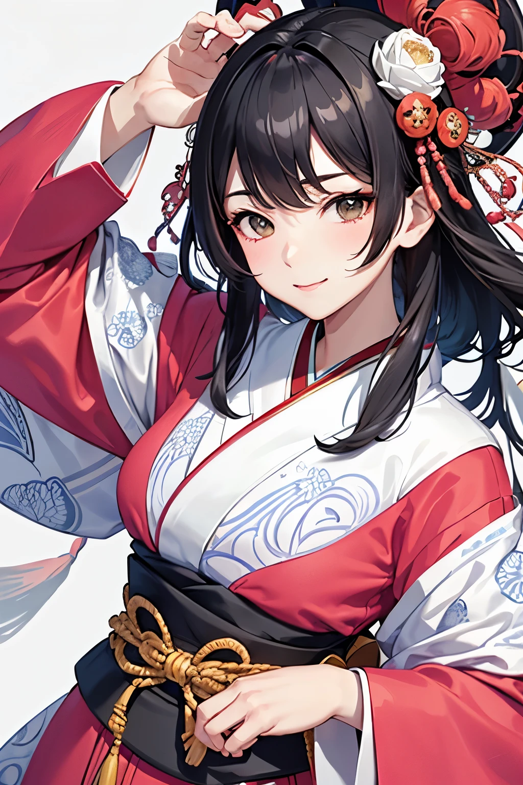 (​masterpiece、top-quality、ultra-detailliert、rays of sunshine、电影灯光)、(Japan Anime、)、(Famous idol girls of Japan、)、(goddess of Japan、shrine maiden、White and red priestess costume、Red Hakama、)、(dishevled hair、white short hair、poneyTail、Cherry Blossom Hair Ornament、hair pin、)、Holding a bamboo broom、Look at viewers、A beautiful face that captivates the viewer、(Background of the precincts、)、Stand on the ground of pebbles、Floating hair、bending forward、large full breasts、Beautiful breast slip、Shiny skin、the wind、beautifull hands、Beautiful Finger、An elaborate masterpiece、Intricate details、A detailed face、detailed hairs、Detailed red mouth、Detailed red cheeks、A smile of shame、