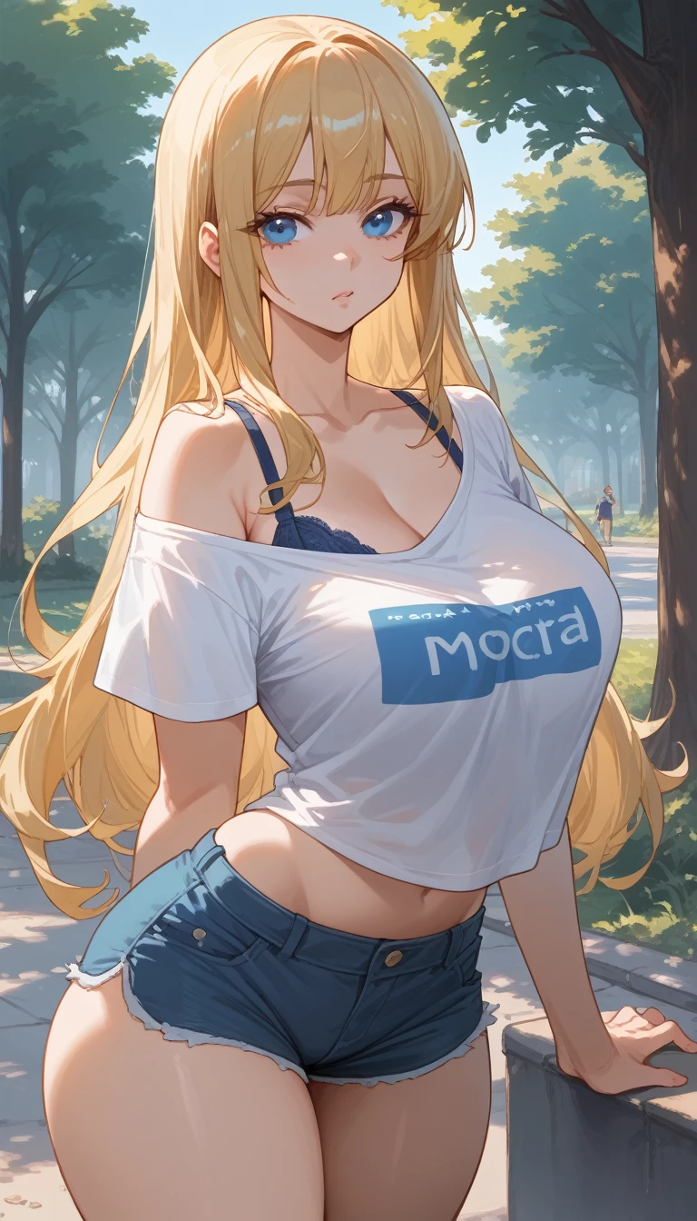 A girl with long blonde hair, huge boobs,huge ass,blue eyes , He is wearing a white t-shirt , polera One off shoulder , you can see the elastic of her bra,a small pair of shorts that are open with a button,She is standing in a park 