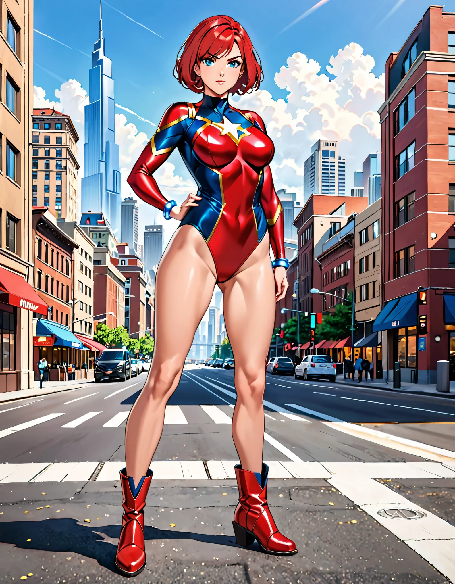 (masterpiece), best quality, highres, 1girl, medium breasts, leotard, red leotard with blue accents, bare legs, boots, matching boots, bracelets, city backdrop, solo, single, standing, full body shot, cowboy shot, beautiful detailed eyes, blue eyes, mature lady, red hair, short hair, bob hair