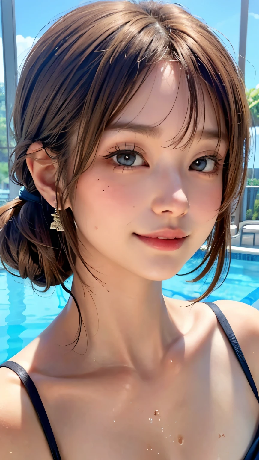 1 girl,A girl becomes anxious after her swimsuit bra comes off at the pool...,Idol-level cuteness,Surprised expression,blush,Accurately drawn faces,Curly shorthair,Light brown hair,Wet Skin,she'She's thin but has big breasts,D Cup,belly button,Erect nipples,Anatomically correct,Full nudity,Accurate Fingers,Nice proportions,水着でWet Skin,Blue micro bikini,What happened when I took my bra off,Active Poses and Angles,masterpiece,