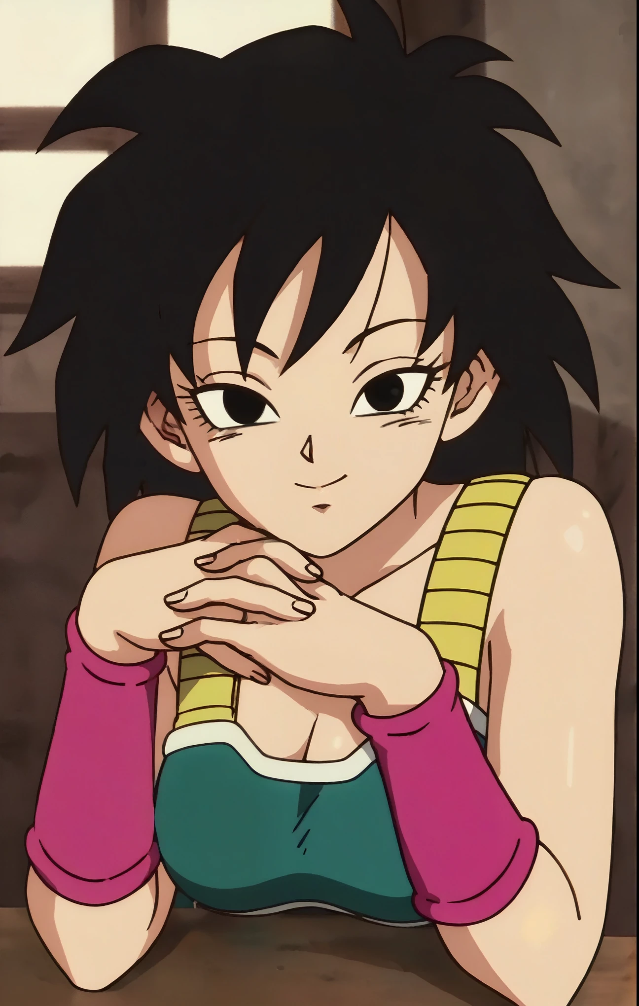 source_anime, score_9,score_8_up, score_7_up, ginedb, anime screencap, beautiful face,
1girl, solo, big breasts, big , looking at viewer, smile, short hair, on grass land, detailed, background, black hair, cleavage, bare shoulders, huge butt, huge breasts, closed mouth, upper body, retro artstyle, 1990s \(style\), grey background, black eyes, fingernails, hands up, bare arms, eyelashes, half-closed eyes, happy, own hands together, spiked hair, pink wristband, interlocked fingers, head rest, elbow rest, saiyan armor, green saiyan armor, eyebrows, v-shaped eyebrows, nude, (covering her private parts with her hands), big breasts, big ass, thick thighs, wide hips,
