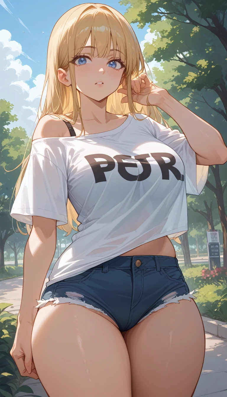 A girl with long blonde hair, huge boobs,huge ass,blue eyes , He is wearing a white t-shirt , polera One off shoulder , you can see the elastic of her bra,a small pair of shorts that are open with a button(You can see some elastic panties) ,She is standing in a park 