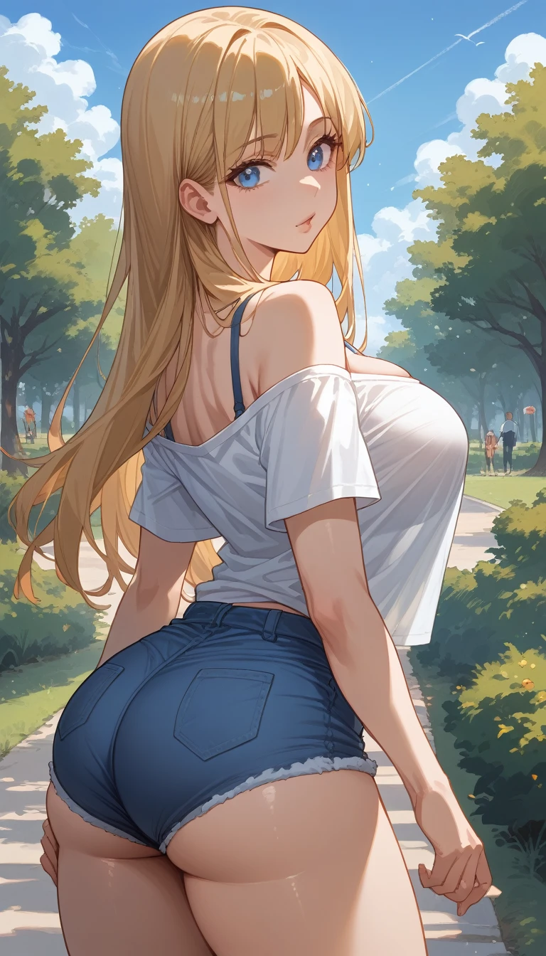 A girl with long blonde hair, huge boobs,huge ass,blue eyes , He is wearing a white t-shirt , polera One off shoulder , you can see the elastic of her bra,a small pair of shorts that are open with a button(You can see some elastic panties) ,She is standing in a park 