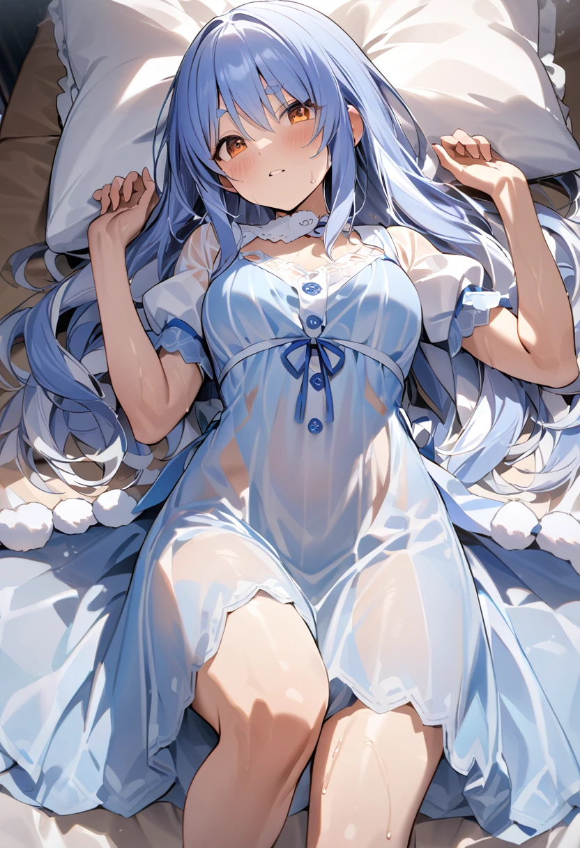 Blue-haired Usada Pekora lying on a canopy bed、Wearing a blue see-through dress、Put your hands up、A slightly red face、Sweaty、（Best Quality、masterpiece）Symmetrical face、Perfect Anatomy、Detailed write-up