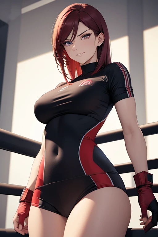 An evil executive woman with dark red eyes, ((She is looking down)), extremely detailed and realistic, masterpiece quality, ultra-detailed, HDR, vivid colors, physically-based rendering, ((She is facing completely to the side)), thick thighs, ((she does not look at me)), (gazing condescendingly at the viewer with a scornful grin),  she is a boxer, thick muscular thighs, wearing boxing wear