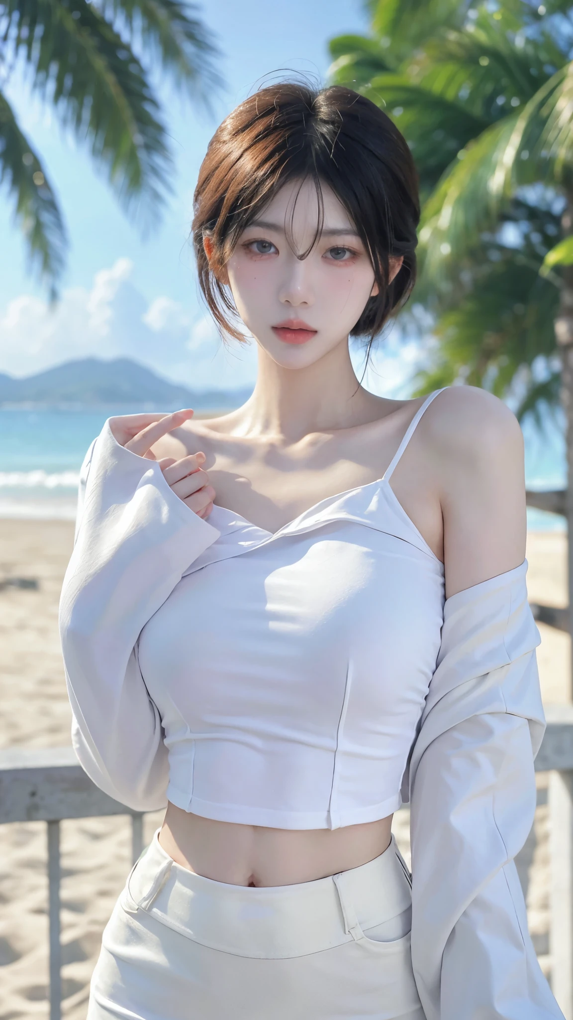 Beautiful woman with perfect body:1.6，Ultra-high resolution，4K，Beach Background，Long hair，Large Breasts，Lovely，[White legs，(Realistic:1.4)，Layered Hairstyle，White skin，whole body，Very delicate face and skin texture，Double eyelids，Skin Whitening，